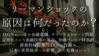 リーマンショックの原因とは？ 100年に一度の金融危機、サブプライムローン問題、証券化という金融技術の暴走、債務担保証券（CDO）の仕組み、金融パニック時系列、日本と世界経済への影響、次の危機はいつ？